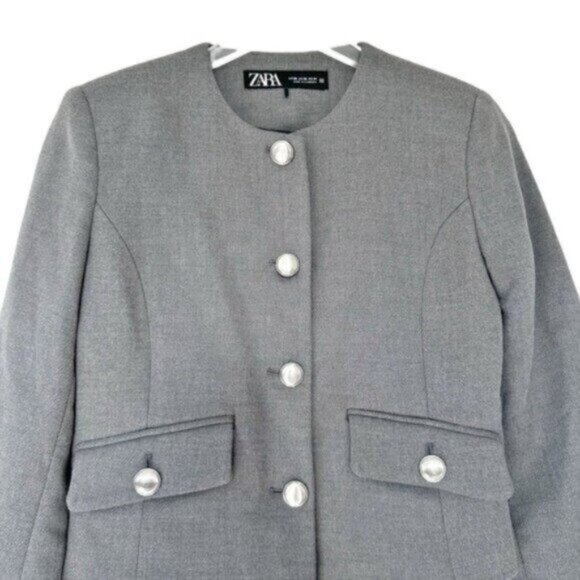 Zara Metal Button Gray Semi Cropped Blazer Size XS - Picture 3 of 12